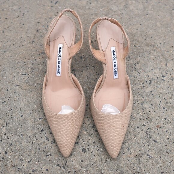 Manolo Blahnik Slingback Mules IT 36.5 Beige Linen Heel SATC Carrie Bradshaw - Picture 2 of 9